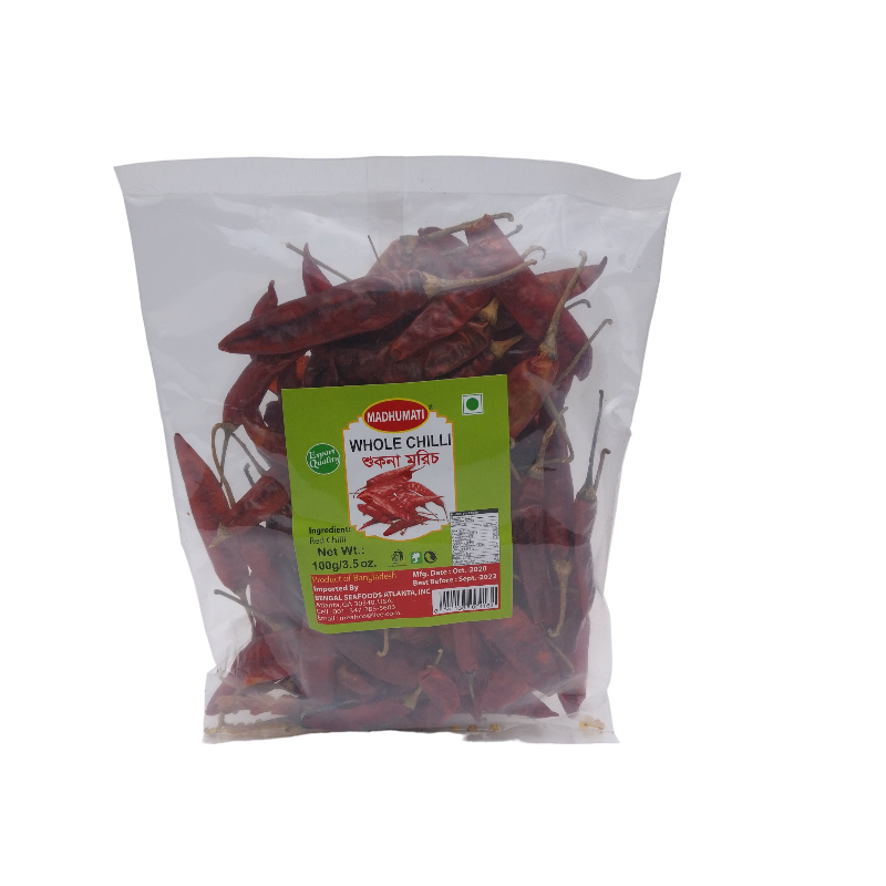 A pack of whole dried red chile peppers from Bangladesh